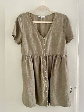 Linen Blend Madewell Button-Front Mini Dress in Olive Branch Sz M
